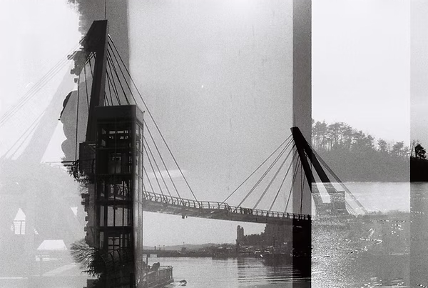 I captured two different timelines in one image using double exposure, analog film. The results are very interesting and unexpected. I chose analog film format to show the invisible yet present energy. 
The bridge leads us from a nature-filled past to the human-made present. What do we hope to meet across that bridge in the future? ​